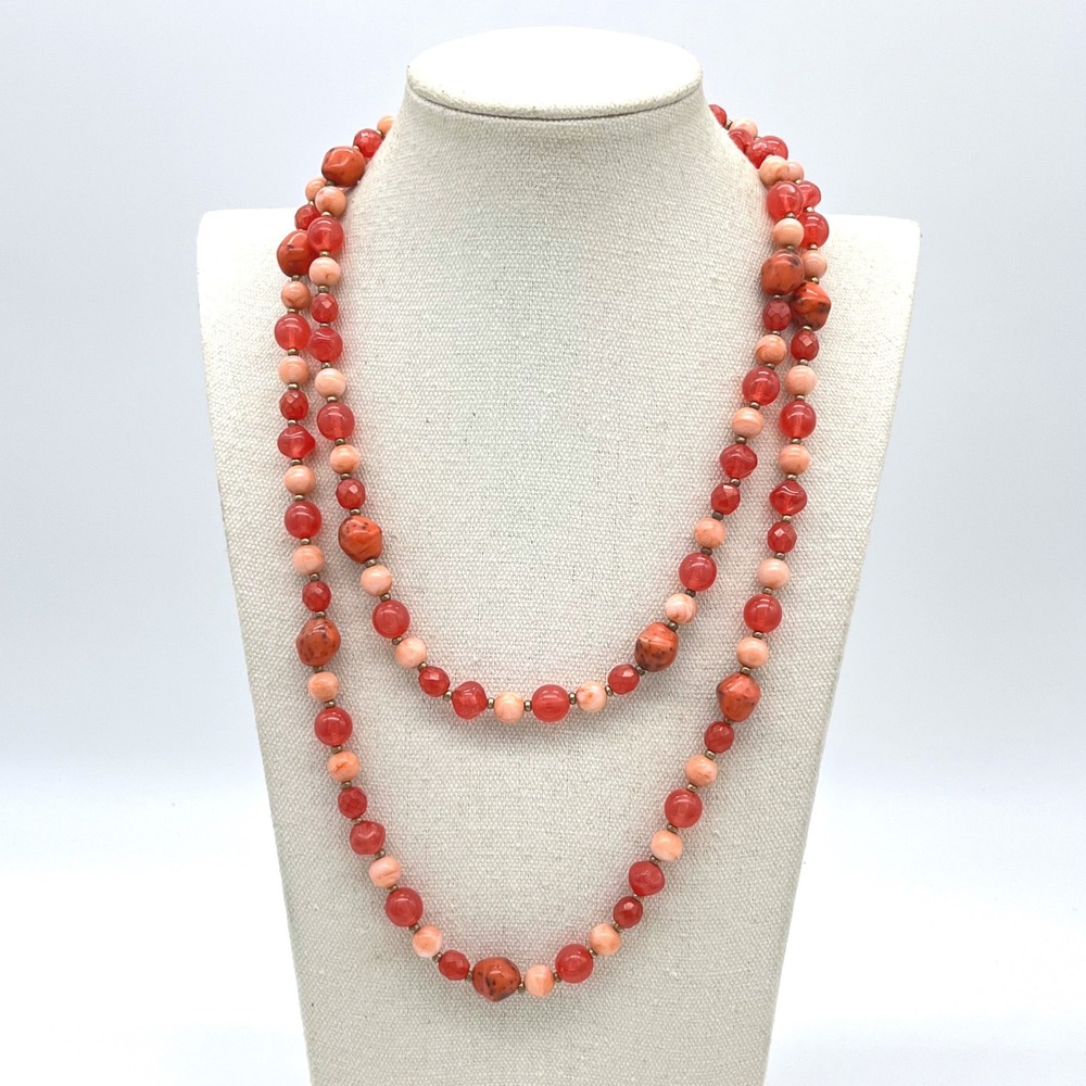 Long Multi Strand‎ Red Coral Tone Beaded Statement Necklace Continuous Loop 44in
